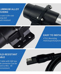 Beefy Heavy Duty Vibration Motor 200 LBS Brush Vibrator For Salt And Sand And Concrete Mixers DC 12V 4500 RPM. Details of aluminum casing, mounting holes and SAE connector cable shown.