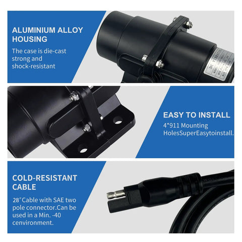 Beefy Heavy Duty Vibration Motor 200 LBS Brush Vibrator For Salt And Sand And Concrete Mixers DC 12V 4500 RPM. Details of aluminum casing, mounting holes and SAE connector cable shown.