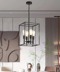 Black Classic Foyer Chandelier 4 Light Farmhouse Pendant Lighting For Kitchen Dining Room And Entryway With Square Cage Shades