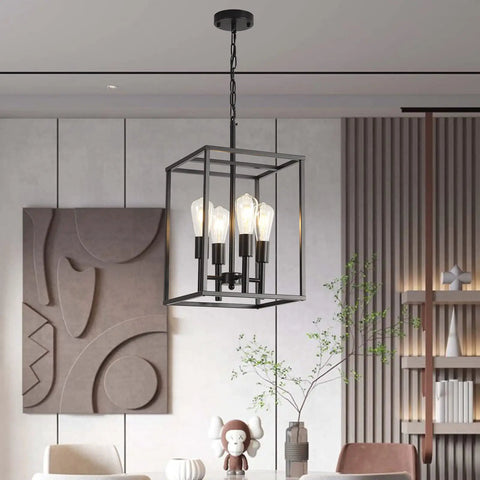 Black Classic Foyer Chandelier 4 Light Farmhouse Pendant Lighting For Kitchen Dining Room And Entryway With Square Cage Shades