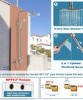 Outdoor Shower Fixture Set In Brushed Nickel With 8 Inch Rainfall Head installed on a wall with 2 In 1 Handheld Spray visible