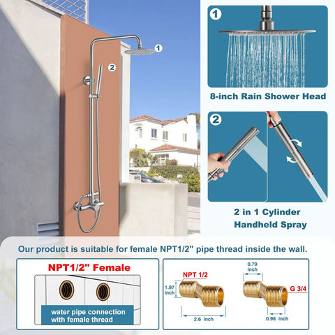 Outdoor Shower Fixture Set In Brushed Nickel With 8 Inch Rainfall Head installed on a wall with 2 In 1 Handheld Spray visible
