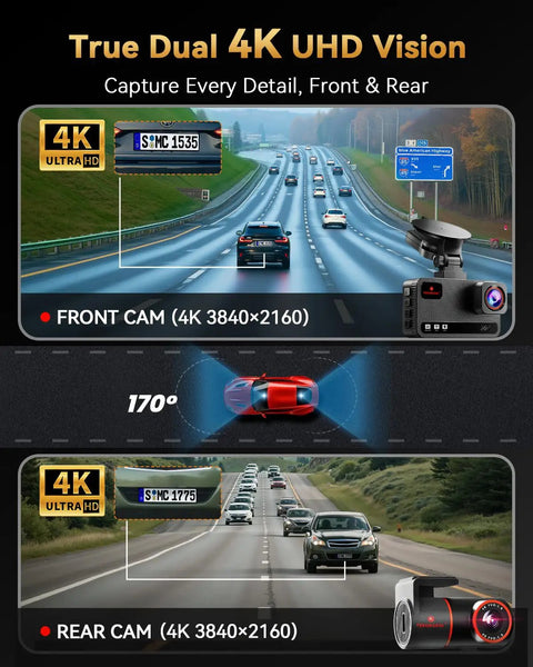 Dual 4K Front And Rear Dash Cam For Cars With Free 128GB Card, Fast WiFi, Built In GPS, G Sensor, capturing highway traffic