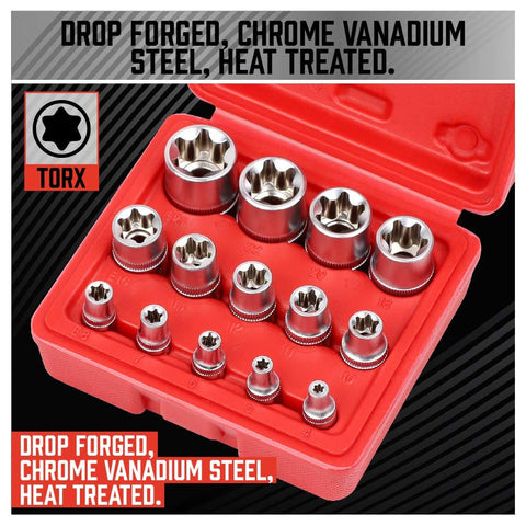 14 Piece ETORX Socket Set Pro Grade Female Torx Sockets For 1 Quarter Inch 3 Eighth Inch And 1 Half Inch Drives E4 Through E24 External Torx Sockets Built To Last And Gearhead Ready For Any Garage Job displayed in red case
