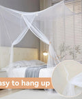 One Side Opening Bed Mosquito Net Canopy, White Mesh Netting For Bedroom, Camping And Outdoor Travel shown on a bed with close-up inset
