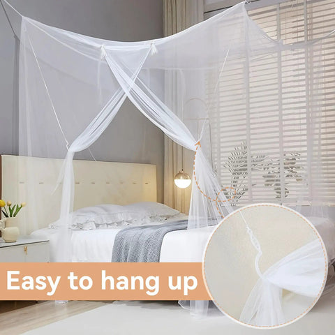 One Side Opening Bed Mosquito Net Canopy, White Mesh Netting For Bedroom, Camping And Outdoor Travel shown on a bed with close-up inset