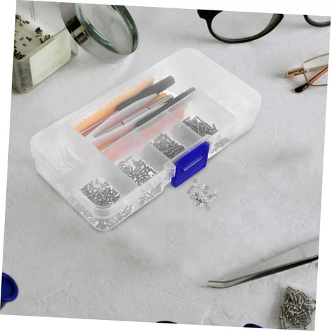 Eyeglass Repair Kit With Screws Screwdriver Tweezers Sunglasses Nose Pads Ear Hooks And Cleaning Cloth For Quick No Fuss Glasses Fixes Durable Diy Tool Set For Beginners To Pros in transparent case on table