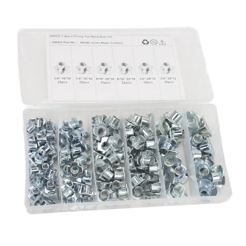 110 Piece Pronged Tee Nuts Set Three Eighths Inch Size Galvanized Steel Rustproof T Nuts in storage box for wood projects