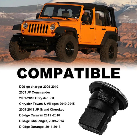 Image showing a Keyless Start Ignition Push Button Switch For Chrysler Jeep Commander Grand Cherokee Dodge Challenger Durango Charger Town And Country Grand Caravan Replacement 1FU931X9AC 33370101 Direct Fit Easy Install, alongside a list of compatible vehicle models.