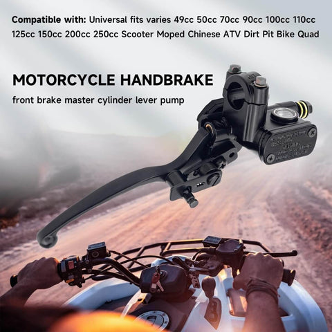Universal Right Hydraulic Brake Lever Master Cylinder For 50cc To 250cc Scooters Mopeds ATVs Dirt Bikes And Quads Seven Eighths Inch Handlebar Diameter Aluminum Alloy Construction Easy Install Aftermarket Replacement Part front view