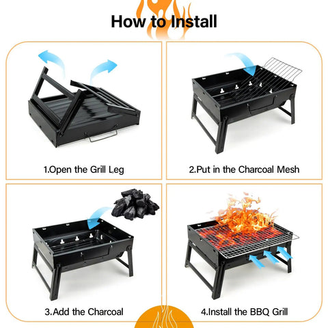 Grab And Go Portable Folding Charcoal Grill And Smoker For Travel And Outdoors assembly steps illustration.