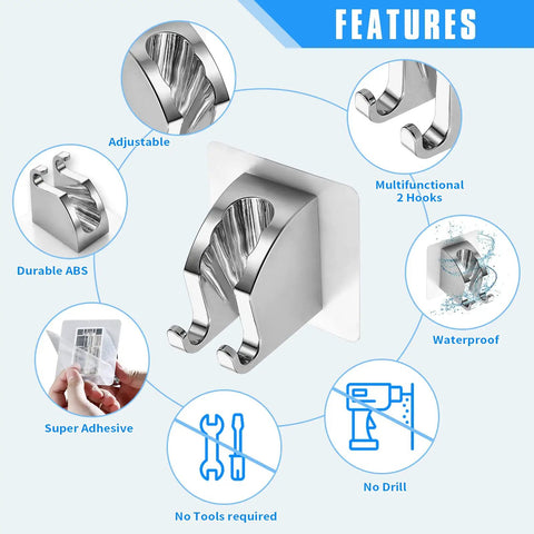 Heavy Duty Chrome Handheld Shower Head Holder With Two Hanger Hooks Self Adhesive Wall Mount For Standard Shower Heads