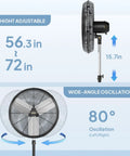 Side and front view of 24 Inch Industrial Pedestal Fan With 7600 CFM High Velocity Airflow, adjustable height and oscillation.