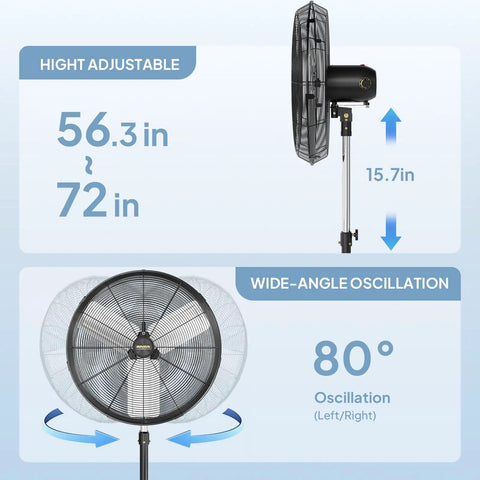 Side and front view of 24 Inch Industrial Pedestal Fan With 7600 CFM High Velocity Airflow, adjustable height and oscillation.