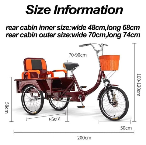 Adult Tricycle Rickshaw With Foldable Back Seat And Dual Brakes Front Fork Shock Absorber dimensions and size guide.