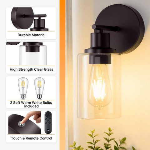 MATAMEYE Battery Operated Wall Sconce Set of 2, Rechargeable Wall Lights with clear glass and touch control.