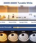 3000K-6000K tunable white LED strip lights for kitchen showing warm to cool lighting options, dimmable with 8 levels.