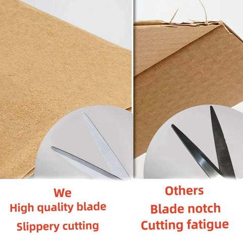 Laser-guided fabric scissors by Amazon with stainless steel blades; split view shows left blade and dark right blade.