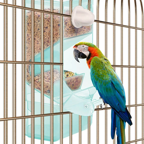 No Fuss Splash Proof Bird Feeder Cage Mount With Secure Buckle Clip And Hanging Rod For Parrots And Finches Easy Breezy Setup Green Seed Bowl with parrot and food.