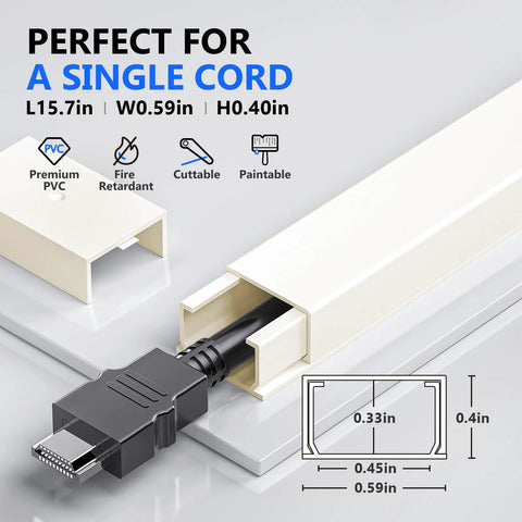 One Cord Channel Cable Hider For Wall Cables 254 Inch Length White Cable Cover For TV Mounts showing dimensions and single cable use