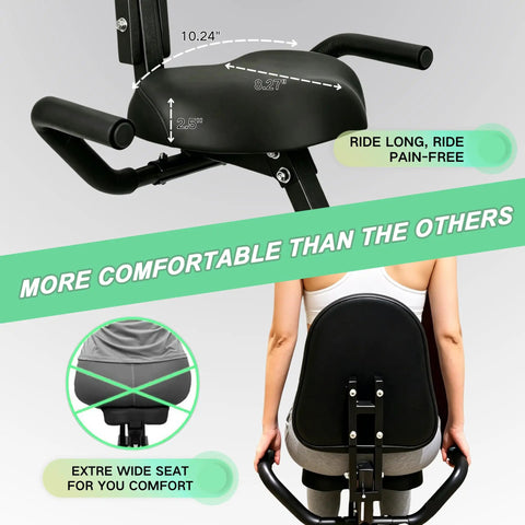 No Hassle Foldable Spin Bike For Home Gym Shredding Featuring Whisper Silent Magnetic Resistance and Plush Backrest showing extra wide seat and backrest.