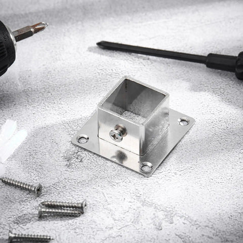 8 Pack Square Post Bases 1x1 Stainless Steel Flange Anchors for Fence, Deck, Railing Support shown with drill and screws