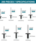 Diagram of 200Pcs Black Pop Rivets Kit With Case - Large Flange Aluminum Blind Rivets Set In Sizes 1/8 Inch, 3/16 Inch, 1/4 Inch For DIY Projects.