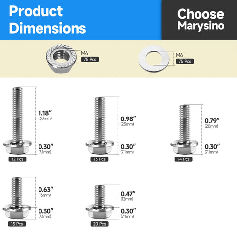 Diagram of Flange M6 Bolt Set Stainless Steel 304 Kit With Nuts And Washers Assorted M6 Screws 12mm 16mm 20mm 25mm 30mm 1.0 Pitch.