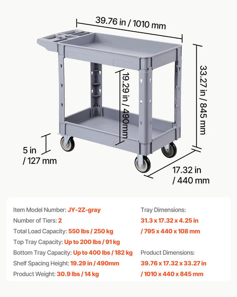 Beefy Heavy Duty Utility Cart With Two Tier Shelves 550 Lbs Capacity Heavy Plastic Rolling Cart With 360 Degree Swivel Wheels And Two Brakes Tool Storage Tray For Garage Workshop And Warehouse, gray 39.76 x 17.32 x 33.27 in