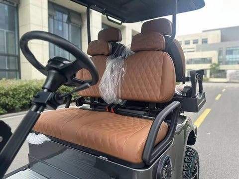 Interior view of White 4 Seater Electric Golf Cart Featuring Flip Up Seats 48 Volt 150 Amp Hour Lithium Battery And Backup Camera.