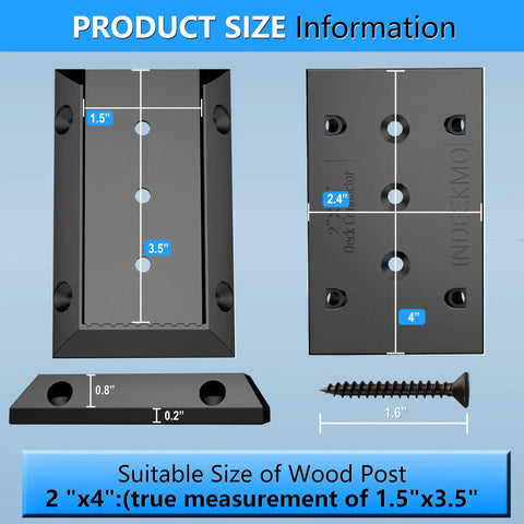 Ten Pack Deck Railing Bracket Connectors For 2x4 Posts 1.5 By 3.5 Inch Nylon with Screw Dimensions Image