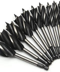Killer Cut 11 Piece Hex Shank Wood Drill Bit Set 10mm To 32mm Four Slot Spiral bore hole twist drills on white background.