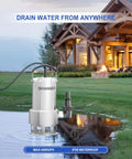 Heavy Duty Submersible Sump Pump Featuring Solid Stainless Steel Build And Smooth 5500 GPH Drainage in water near a home.