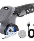 Close-up of Heavy Duty Cordless Electric Scissors With Fast Charging Rechargeable Battery, showing ergonomic handle, battery indicator, and charging cable.