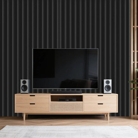 Top Tier Black Acoustic Panels 4 Pack Heavy Duty Soundproof Foam Wall Tiles High Density Fire Retardant Noise Killing Room Upgrade 48 By 24 By 2 Inch Studio Ready Dead Quiet Game Changer mounted on wall behind TV.