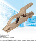 Heavy Duty 35mm Brass Welding Ground Clamp With Super High 500 Amp Conductivity And Oxidation Resistant Body on a blue digital background.