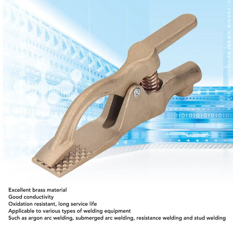 Heavy Duty 35mm Brass Welding Ground Clamp With Super High 500 Amp Conductivity And Oxidation Resistant Body on a blue digital background.