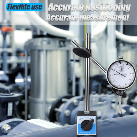 Dial indicator with magnetic base and long arm; blue base, 0-1 in range, 0.001 in precision