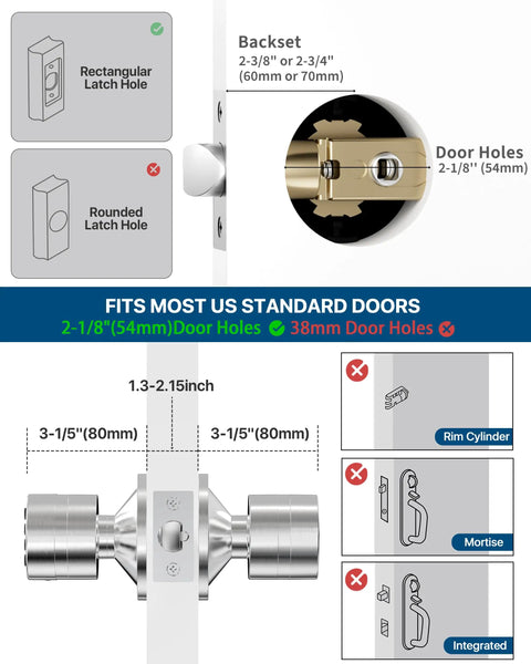 Keyless Entry Door Lock With Keypad And Smart Code Access, Silent Beep Mute Mode, Easy Install Satin Nickel, door hole configuration