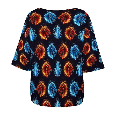 Back view of Women Casual Tee With Stretchy Comfort Loose Fit Ice Fire Dragons Print Boat Neck Short Sleeve Top for Everyday Wear