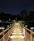 Wooden bridge lit by 6 Pack Solar Post Cap Lights Outdoor For 4x4 5x5 6x6 Wooden Posts, High Brightness Warm White SMD LED, nighttime setting