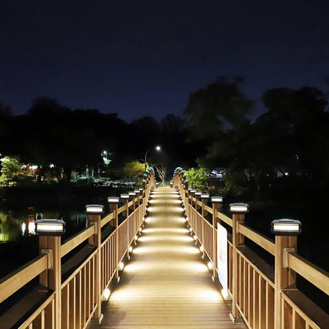 Wooden bridge lit by 6 Pack Solar Post Cap Lights Outdoor For 4x4 5x5 6x6 Wooden Posts, High Brightness Warm White SMD LED, nighttime setting