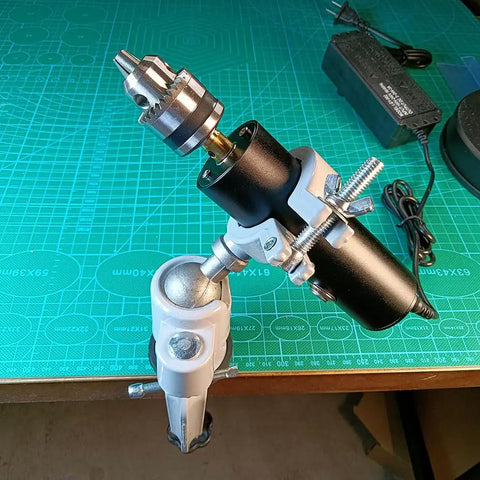 Rock Solid Workhorse Electric Leather Burnisher And Bench Polish Machine Featuring Dual Voltage Grind Buff Tool mounted on workbench.