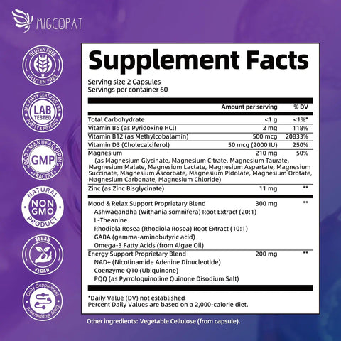 Supplement facts label for 2-Pack Magnesium Complex For Women And Men, The Go-To 24-In-1 Magnesium Supplement, 240 Capsules.