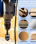 Installed three-piece countersink drill bit set, 1/4 in hex shank, 5-flute, 90° chamfering.