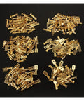 Awesome 600 Piece Assortment Kit Of Insulated Male And Female Spade Wire Connectors With Crimp Terminals In 2.8mm 4.8mm And 6.3mm Sizes For Super Fast Electrical Fixes And Easy Home Gadget Repairs brass spade connectors arranged on black background