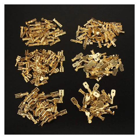 Awesome 600 Piece Assortment Kit Of Insulated Male And Female Spade Wire Connectors With Crimp Terminals In 2.8mm 4.8mm And 6.3mm Sizes For Super Fast Electrical Fixes And Easy Home Gadget Repairs brass spade connectors arranged on black background