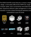 Specification icons for EDGE1000W Fully Modular Low Noise ATX Power Supply with USB Fan Hub, showing efficiency and design features.