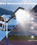 Solar Street Light With Dusk To Dawn Sensor, Motion Sensor, Remote Control, 6000K 336 LED Outdoor Lighting showing IP65 rating.