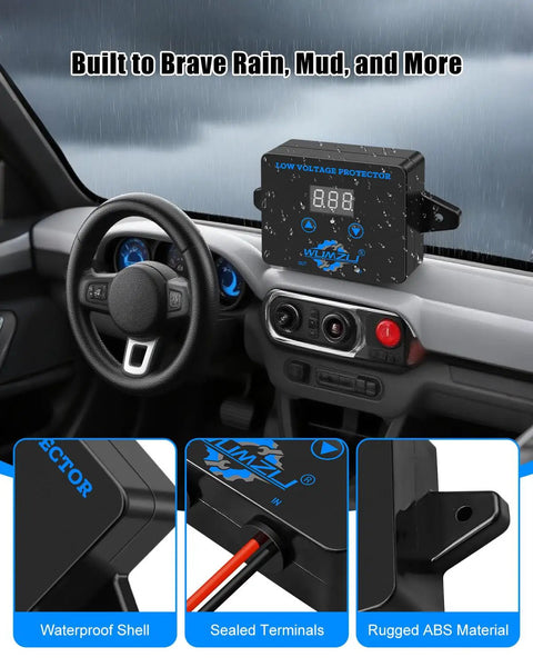 Dashboard-installed Beefed-Up 12V To 36V DC Low Voltage Protection Module With Display in vehicle, waterproof ABS shell visible.